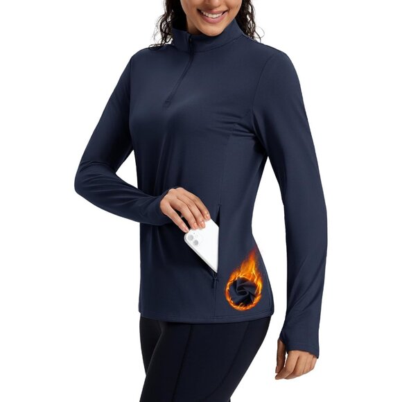 Women's Thermal Fleece Quarter Zip Pullover with Zipper Pocket and Thumb Holes - Picture 1 of 6